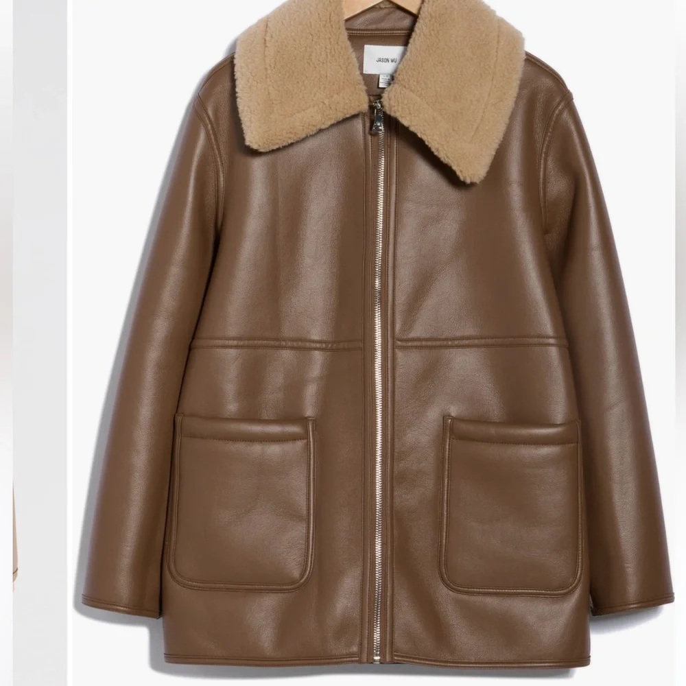 NWT JASON WU Faux Shearling Collar Faux Leather Coat Brown / Tan